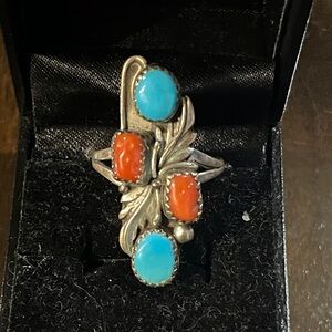 Turquoise and Coral Silver Ring